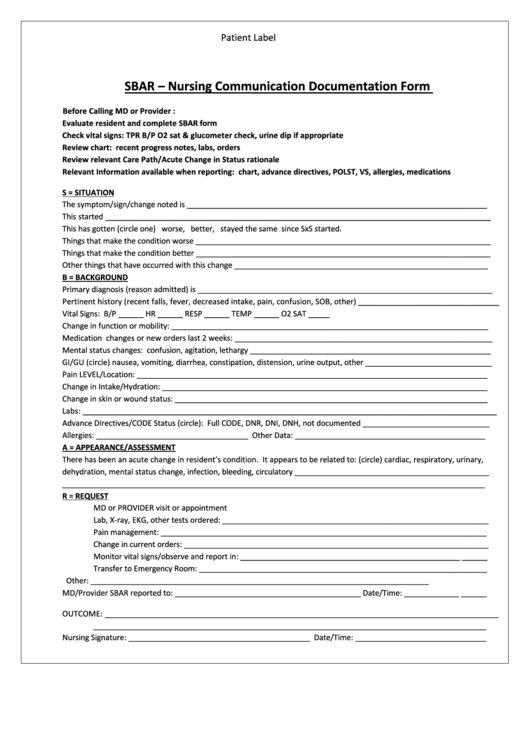 Sbar - Nursing Communication Documentation Form Printable pdf