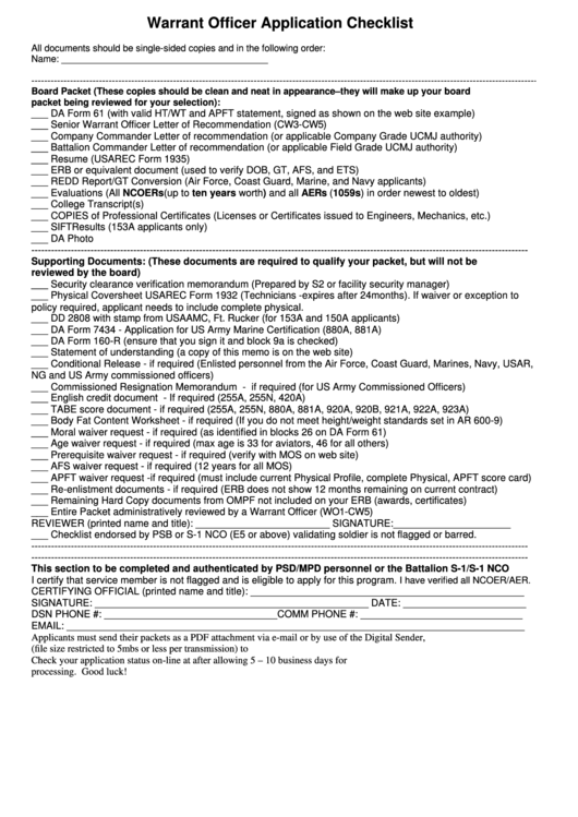 Fillable Warrant Officer Application Checklist - Usarec Printable pdf