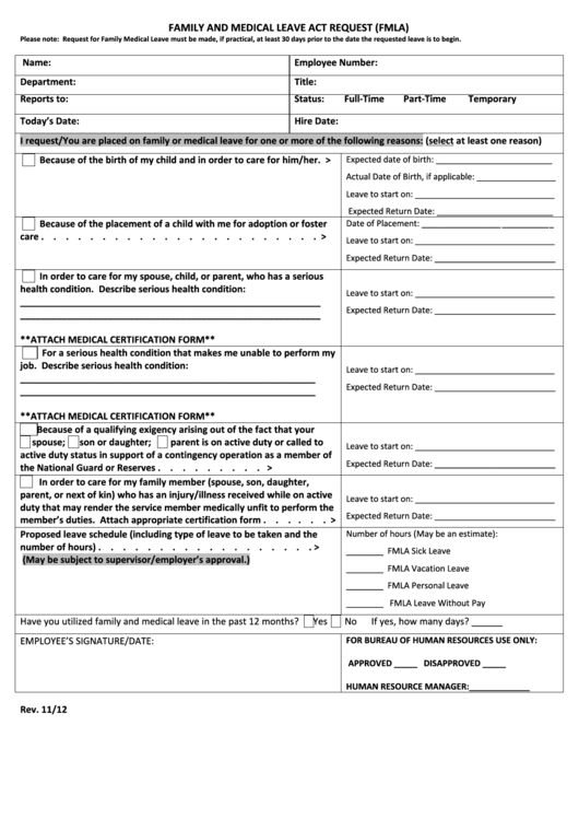 Fillable Family And Medical Leave Act Request Form (Fmla) printable pdf