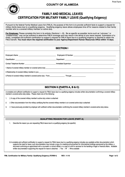 Fillable County Of Alameda Family And Medical Leaves Certification For Military Family Leave (Qualifying Exigency) Printable pdf