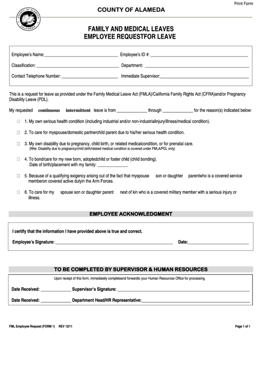 Fillable County Of Alameda Family And Medical Leaves Employee Request For Leave Form Printable pdf