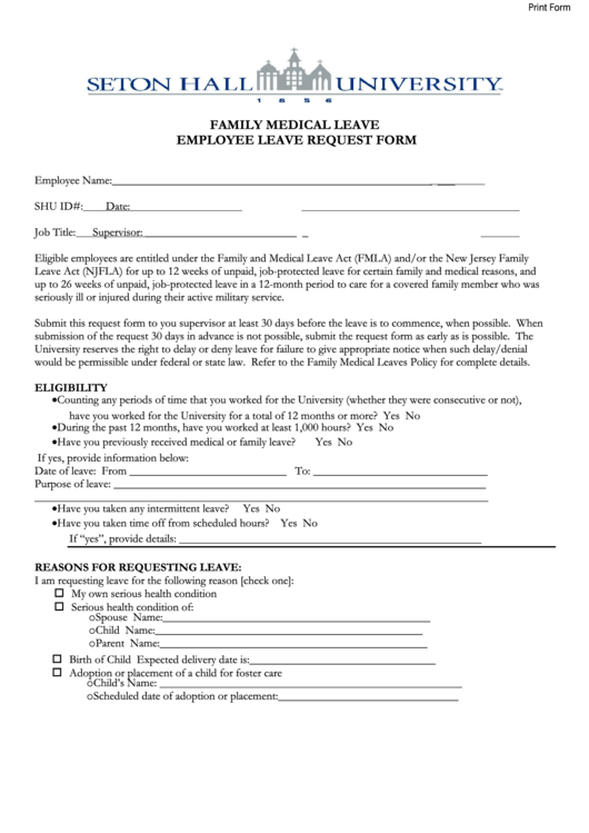 Fillable Family Medical Leave/employee Leave Request Form - Seton Hall University Printable pdf