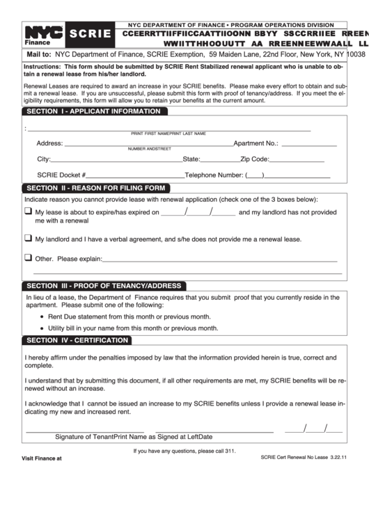 Scrie - Certification By Scrie Renewal Applicant Without A Renewal Lease - 2011 Printable pdf
