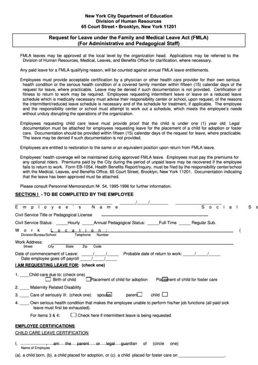 Request For Leave Under The Family And Medical Leave Act (Fmla) (For Administrative And Pedagogical Staff) - Nyc Department Of Education Printable pdf