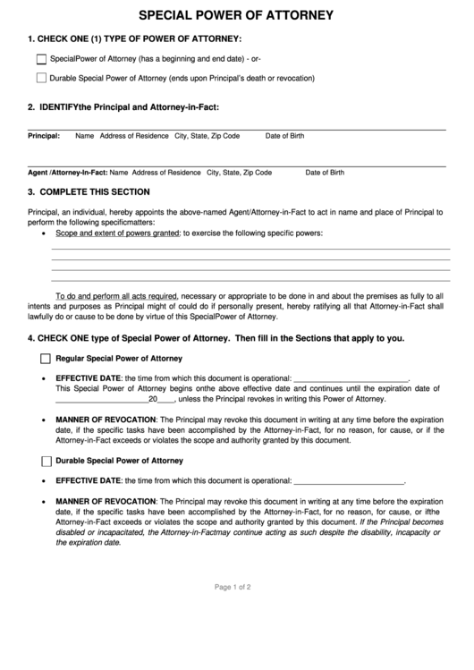 Fillable Special Power Of Attorney Form - California Printable pdf