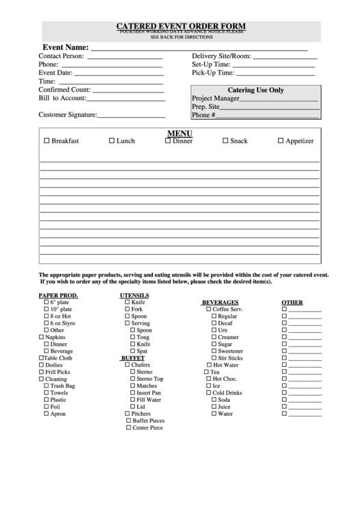 Catered Event Order Form Printable pdf