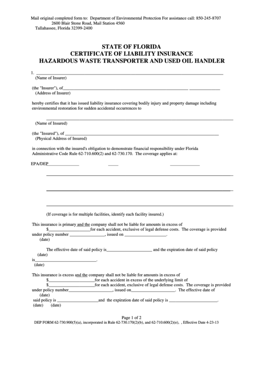 Fillable Dep Form 62-730.900(5)(A)- State Of Florida Certificate Of Liability Insurance Hazardous Waste Transporter And Used Oil Handler Printable pdf