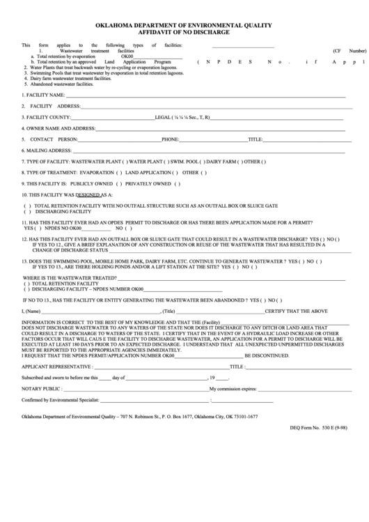 Form 530 E (9-98) - Affidavit Of No Discharge - Oklahoma Department Of Environmental Quality Printable pdf