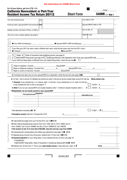 Fillable Form 540nr - California Nonresident Or Part-Year Resident Income Tax Return - Short Form - 2012 Printable pdf