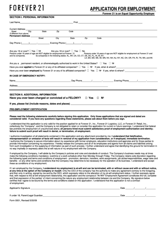 Fillable Application For Employment Form Printable pdf