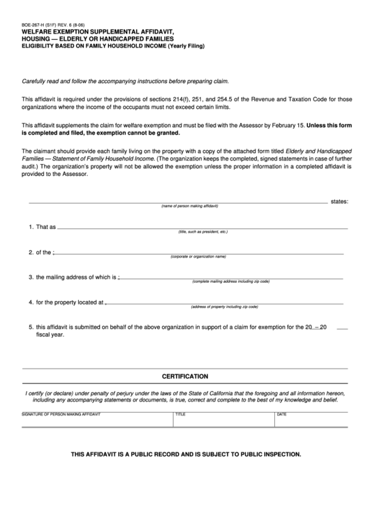Form Boe-267-H - Welfare Exemption Supplemental Affidavit Form, Housing - Elderly Or Handicapped Families Eligibility Based On Family Household Income Printable pdf