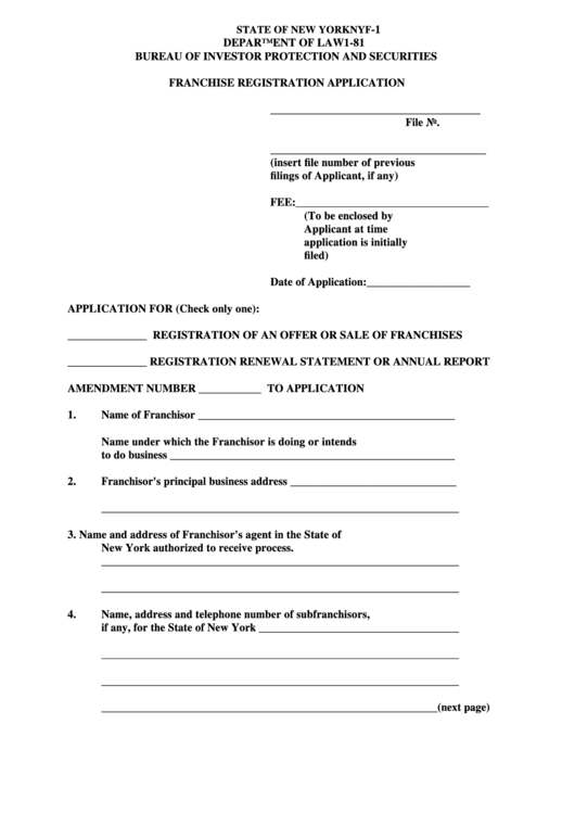 Fillable Form Nyf-1 - Franchise Registration Application/form Nyf-2 Printable pdf