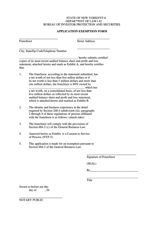 Fillable Form Nyf-6 - Application Exemption Form - New York Department Of Law Printable pdf