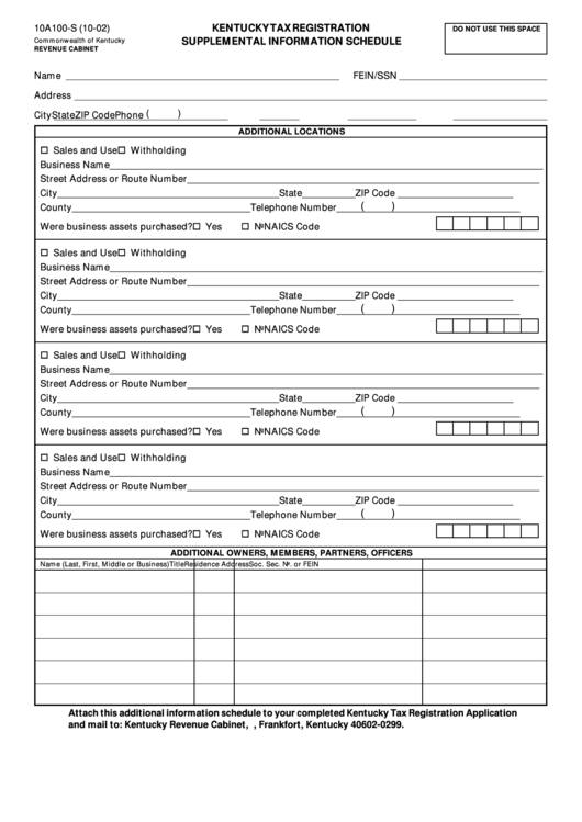 Kentucky Tax Registration Supplemental Information Schedule Form Printable pdf