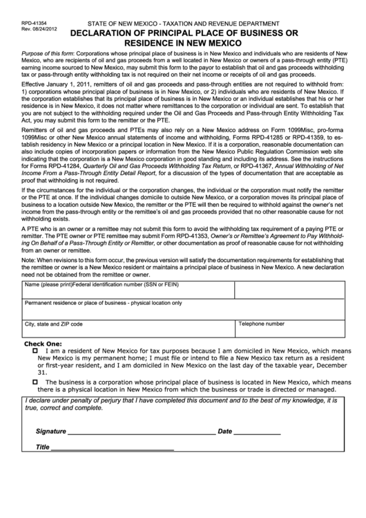 Rpd-41354 - Declaration Form Of Principal Place Of Business Or Residence In New Mexico Printable pdf