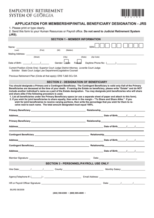 Application For Membership/initial Beneficiary Designation - Jrs Form Printable pdf