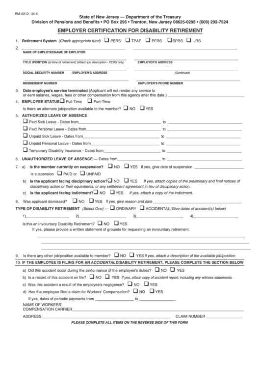 Form Rm-0212-1015 - Employer Certification For Disability Retirement Printable pdf