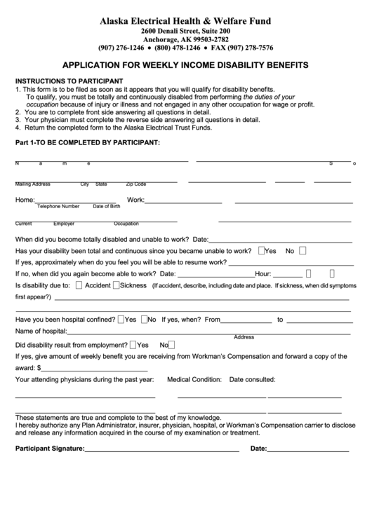 Fillable Application For Weekly Income Disability Benefits Form - Alaska Electric Health & Welfare Fund Printable pdf