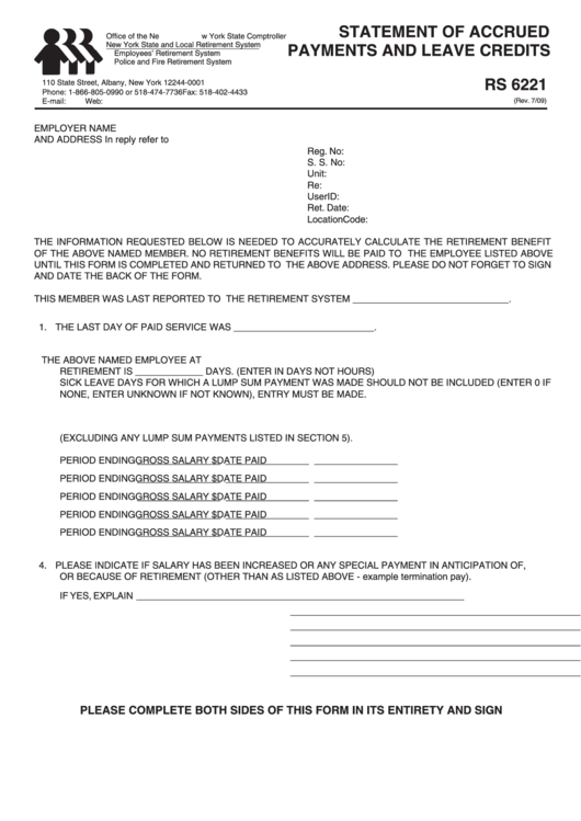 Fillable Form Rs 6221 - Statement Of Accrued Payments And Leave Credits Printable pdf