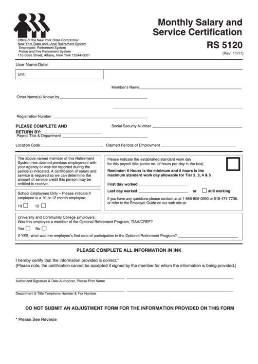 Fillable Form Rs 5120 - Monthly Salary And Service Certification Printable pdf