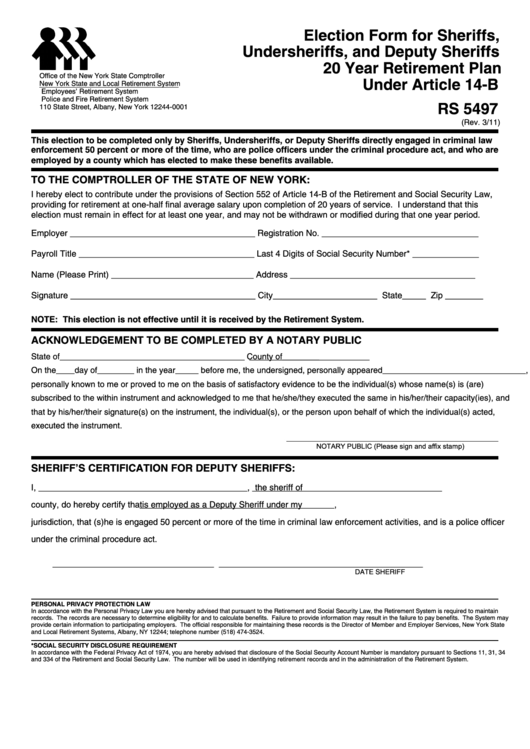 Fillable Form Rs 5497 - Election Form For Sheriffs, Undersheriffs, And Deputy Sheriffs 20 Year Retirement Plan Under Article 14-B Printable pdf