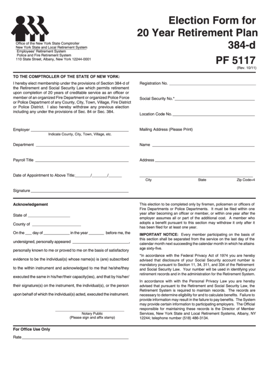 Fillable Form Pf 5117 - Election Form For 20 Year Retirement Plan 384-D Printable pdf