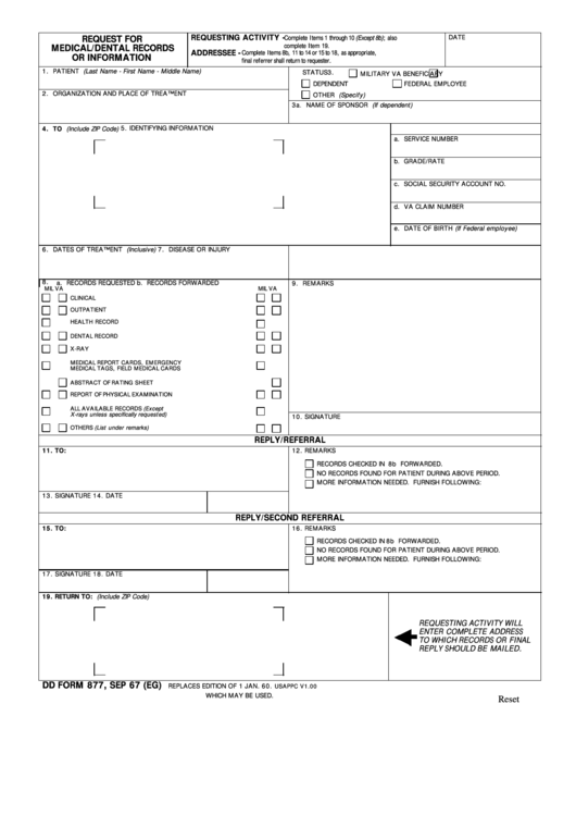 Dd Form 877 - Request For Medical/dental Records Or Information Printable pdf