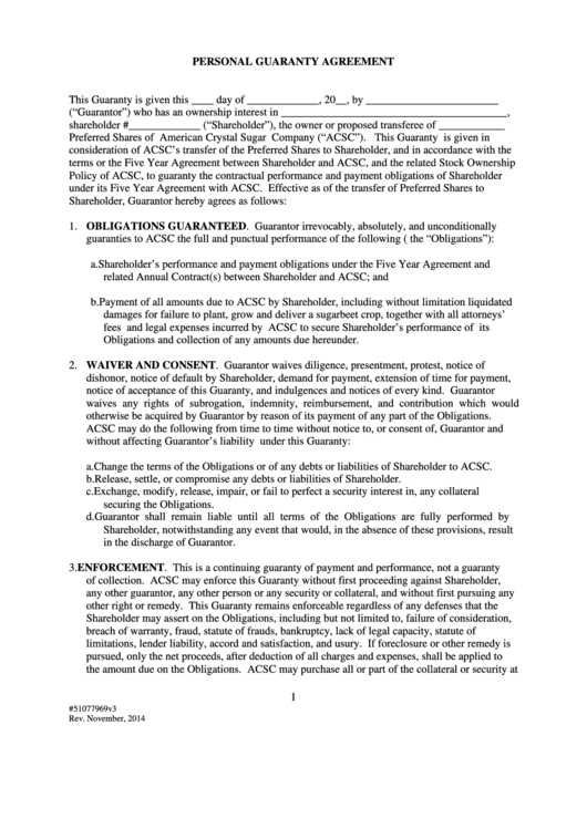 Personal Guarantee Agreement Form Printable pdf