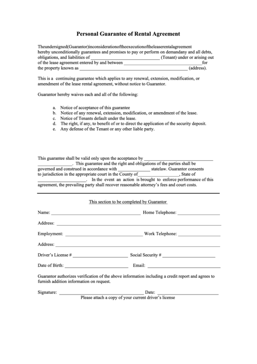 Fillable Personal Guarantee Of Rental Agreement Form Printable pdf