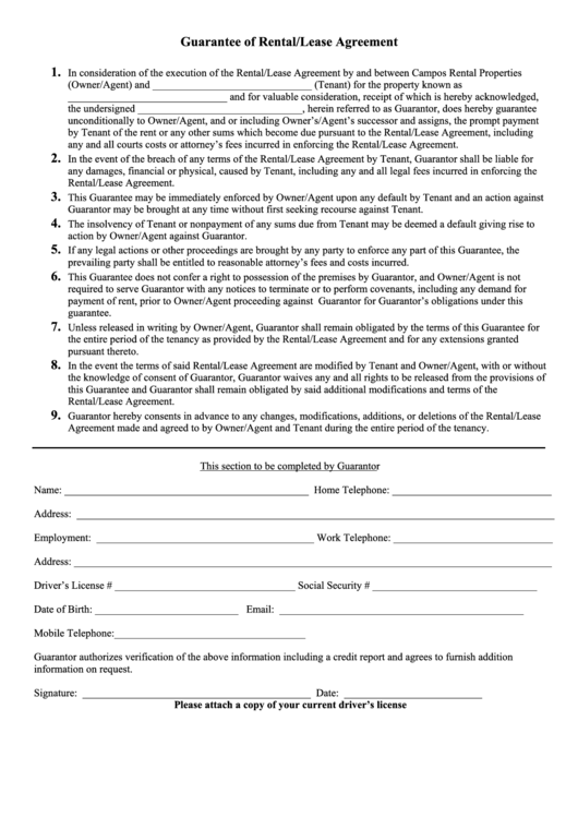 Guarantee Of Rental/lease Agreement Form Printable pdf