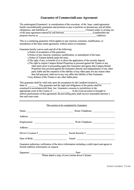 Fillable Guarantee Of Commercial Lease Agreement Form Printable pdf