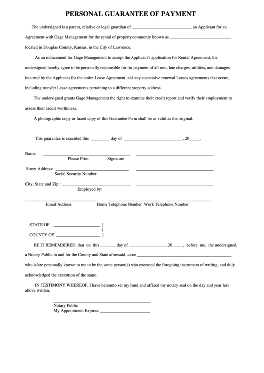 Personal Guarantee Of Payment Form - Douglas County, Kansas, In The City Of Lawrence Printable pdf