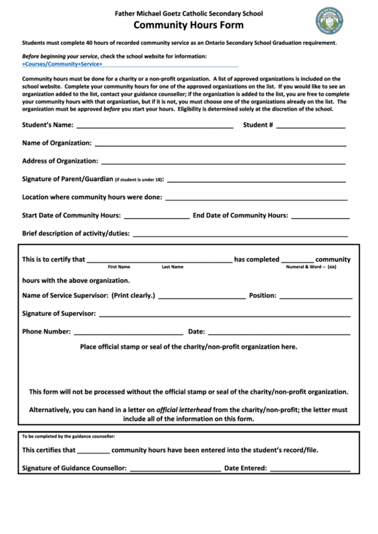 Community Hours Form - Father Michael Goetz Catholic Secondary School Printable pdf