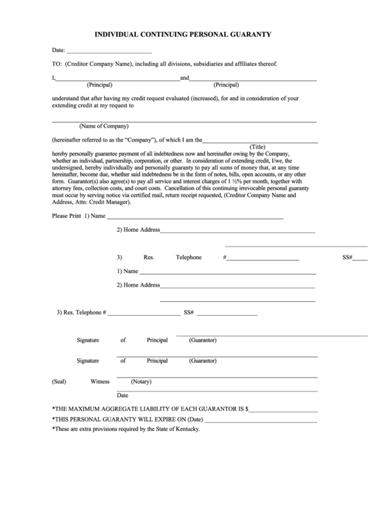 Individual Continuing Personal Guaranty Form Printable pdf