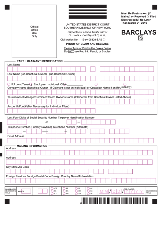 Fillable Proof Of Claim And Release Form - New York District Court Printable pdf