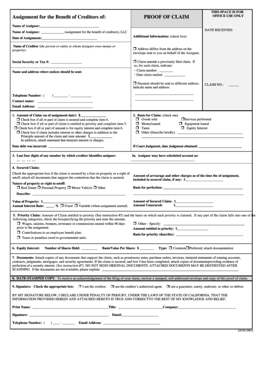 Fillable Proof Of Claim Form - State Of California Printable pdf