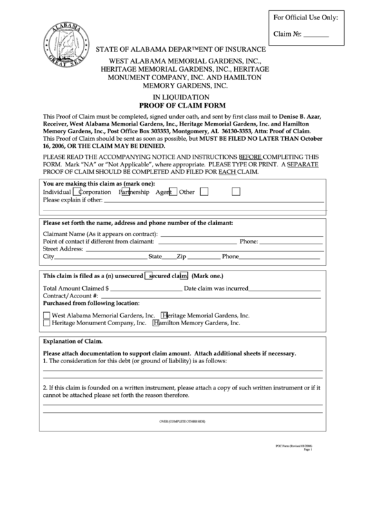 Proof Of Claim Form - State Of Alabama Department Of Insurance Printable pdf