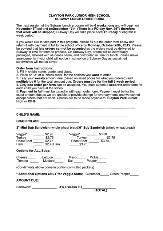 Clayton Park Junior High School Subway Lunch Order Form Printable pdf