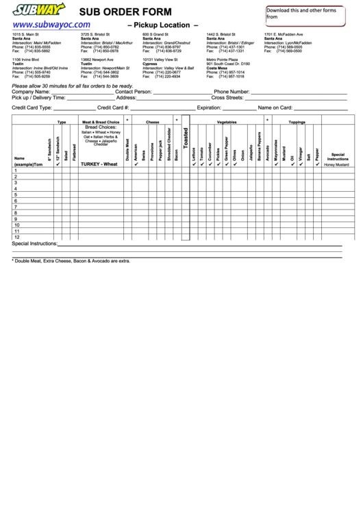 Subway Order Form Printable pdf