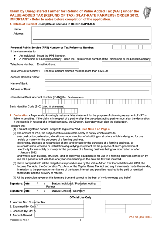 Form Vat 58 - Claim By Unregistered Farmer For Refund Of Value Added Tax (Vat) Under The Value-Added Tax (Refund Of Tax) (Flat-Rate Farmers) Order Printable pdf