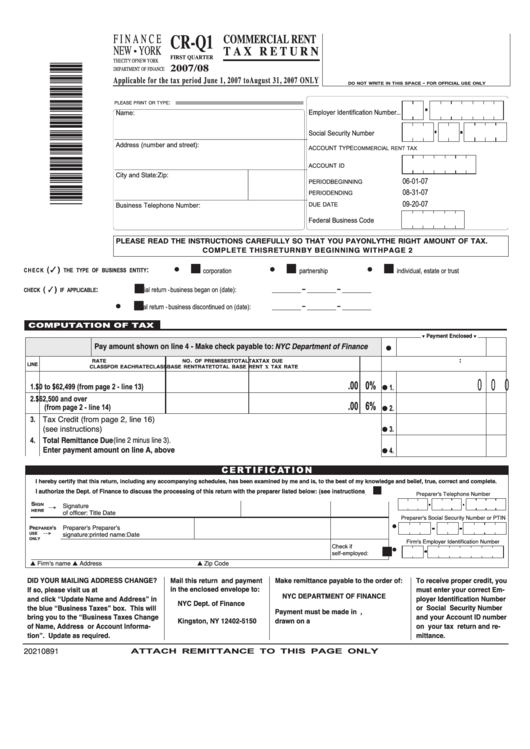 Form Cr-Q1 - Commercial Rent Tax Return - 2007/08 Printable pdf