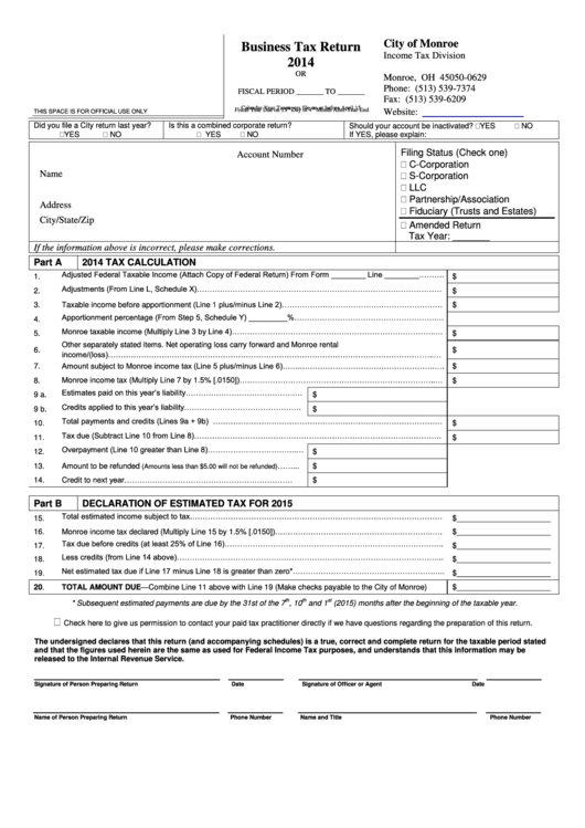 Business Tax Return City Of Monroe 2014 printable pdf download