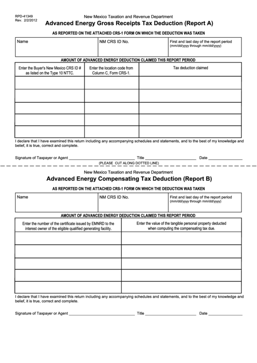 Form Rpd-41349 - Advanced Energy Gross Receipts Tax Deduction - 2012 Printable pdf