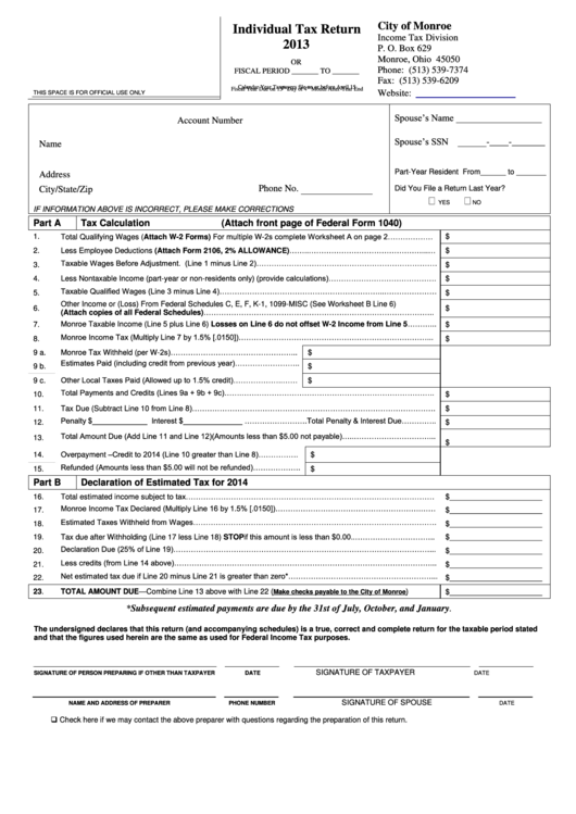 Individual Tax Return Form - City Of Monroe - 2013 Printable pdf