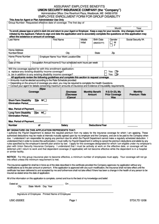 Fillable Form Usic-2020ee - Employee Enrollment Form For Group Disability Printable pdf