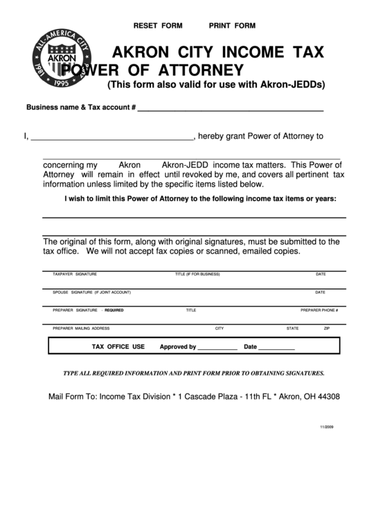 Fillable Akron City Income Tax Power Of Attorney Form Printable pdf