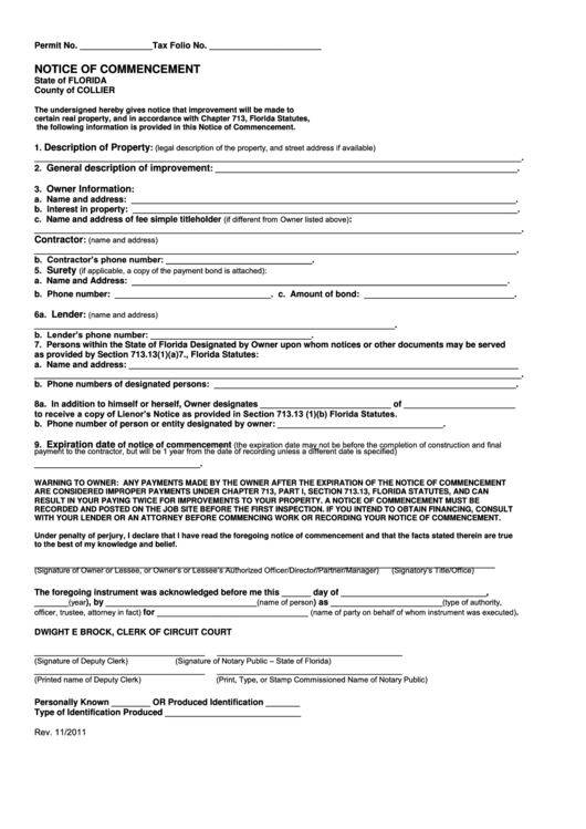 Fillable Notice Of Commencement Form - State Of Florida, County Of Collier Printable pdf