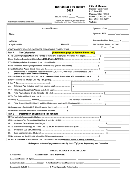 Individual Tax Return Form - City Of Monroe - 2015 Printable pdf