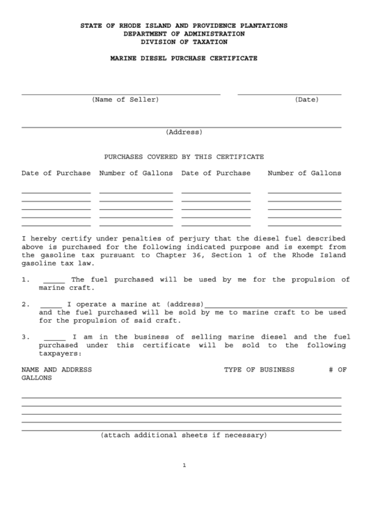 Marine Diesel Purchase Certificate Form - Rhode Island Department Of Administration Printable pdf