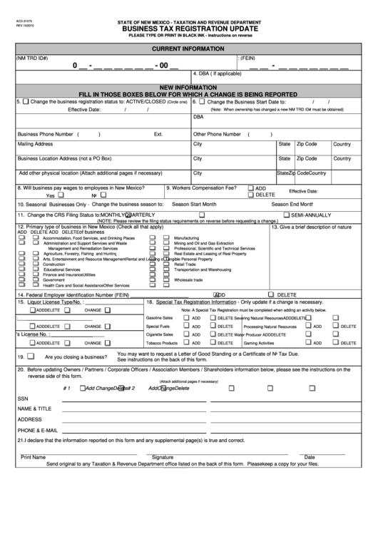 Business Tax Registration Update Form - New Mexico Taxation And Revenue Department Printable pdf
